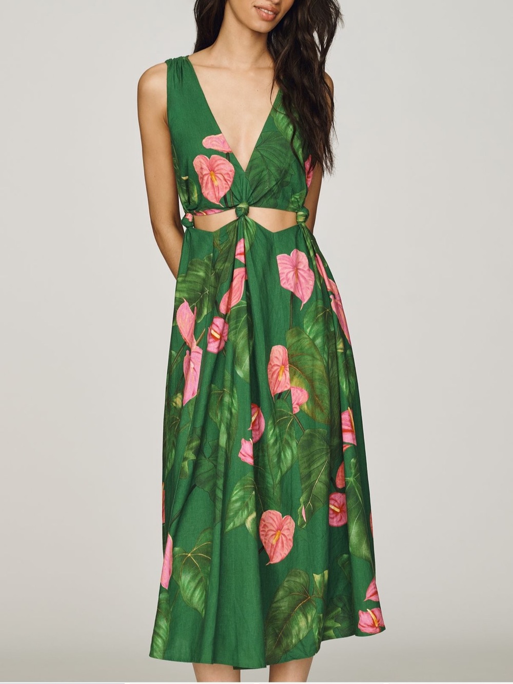 FARM Rio Green Midi Linen Blend Dress with Pink Tropical Floral Print